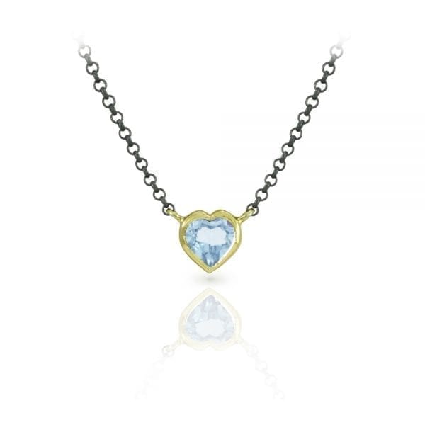 Sky Blue Topaz Heart Pendant set in Yellow Gold with Blackened Silver Chain by Scarab Jewellery Studio