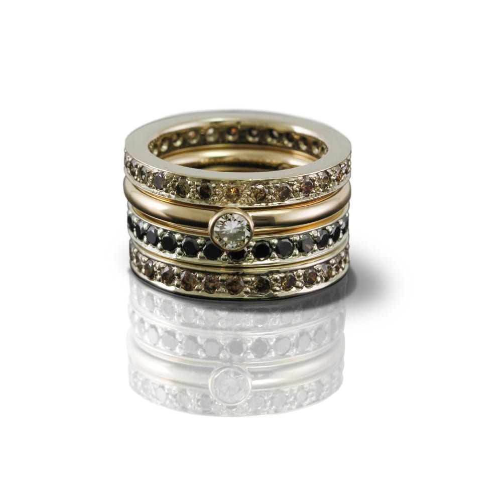 white gold eternity band cognac diamonds and white gold eternity band black diamonds by Scarab Jewellery Studio