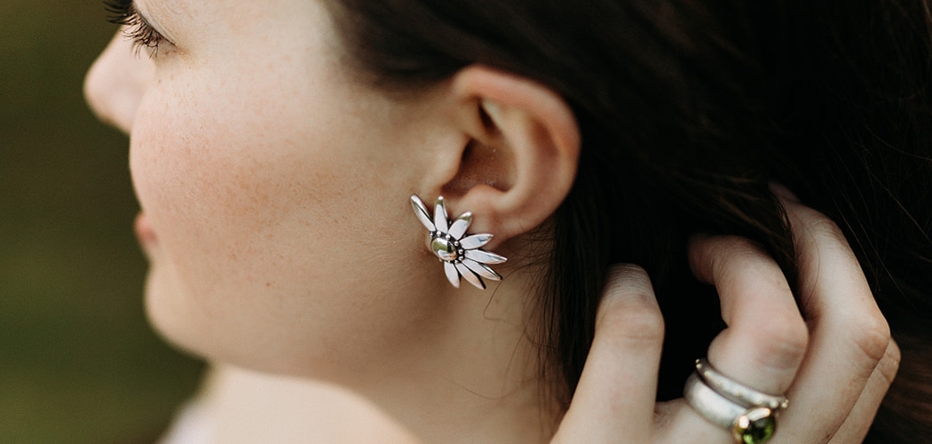 Silver Dandelion Stud Earrings and Modern Chunky Silver Peridot Ring by Scarab Jewellery Studio