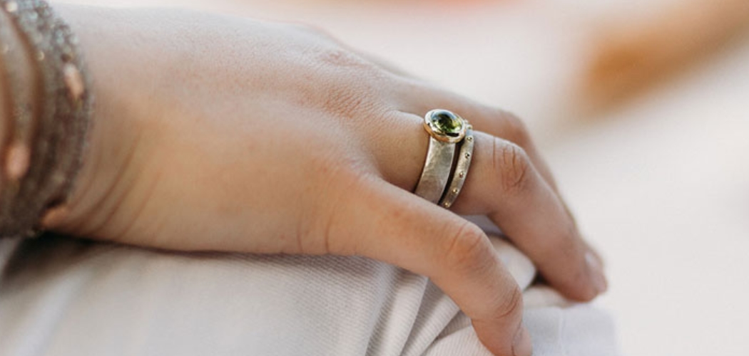 Silver Dandelion Stud Earrings and Modern Chunky Silver Peridot Ring by Scarab Jewellery Studio